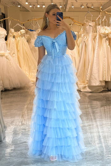 Tiered Blue A Line Princess Prom Dress with Lace